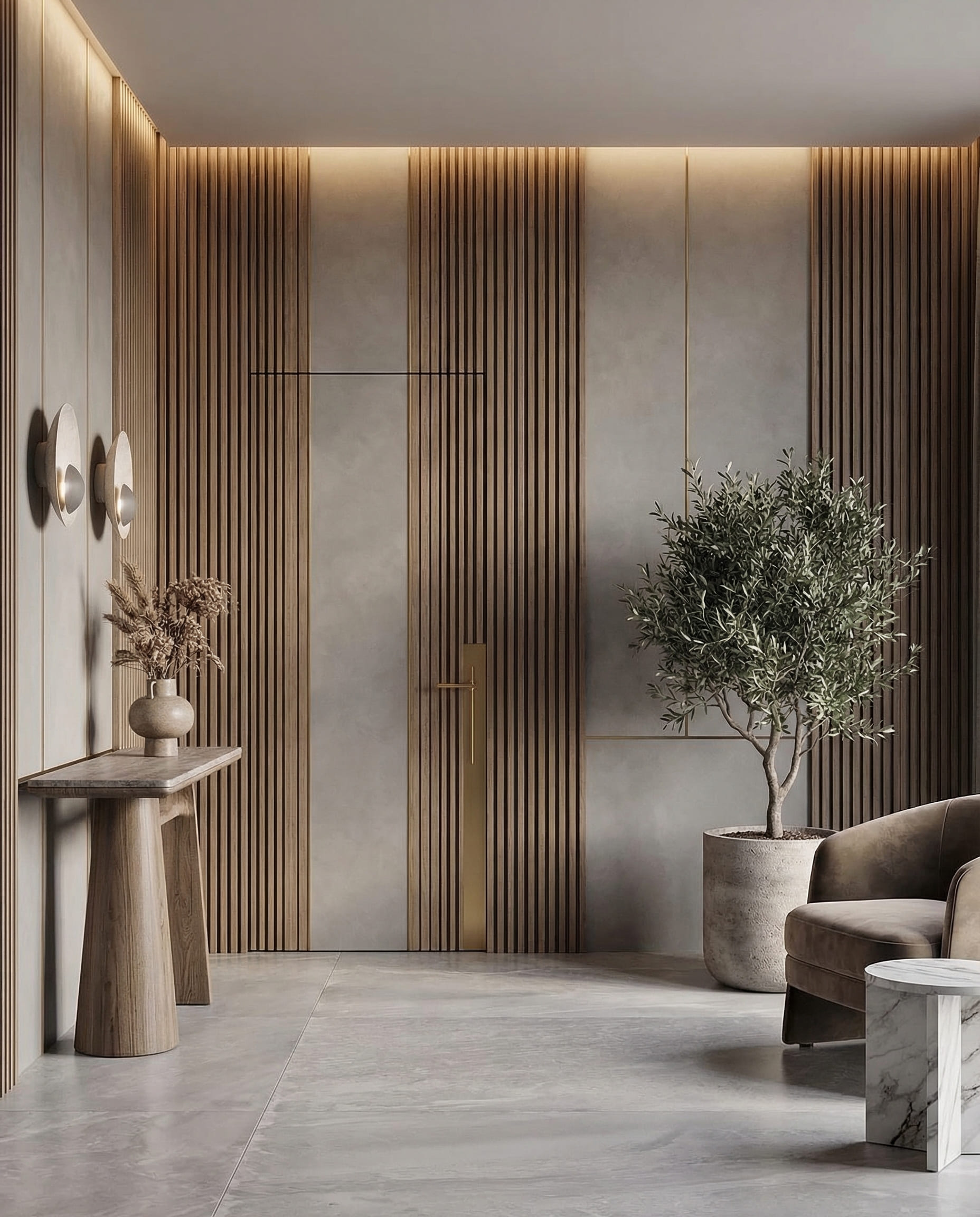 Hidden interior door integrated into a painted wall in a minimalist living space