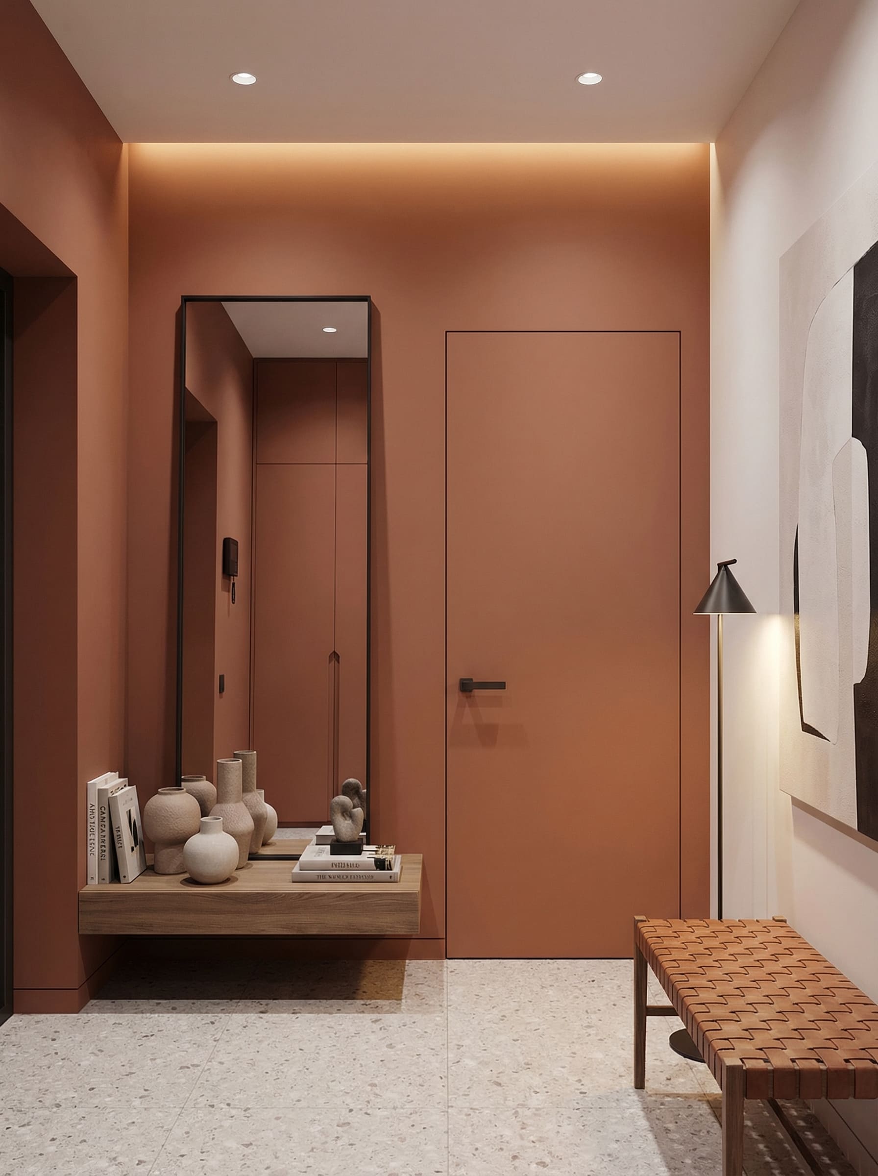 Modern hallway with a concealed flush door aligned with wall panels