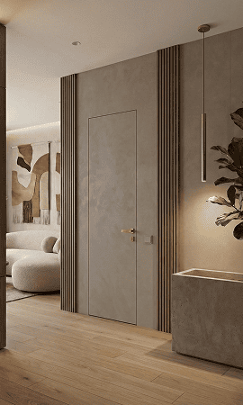 Close-up of hidden door edge with concealed frame in a modern interior