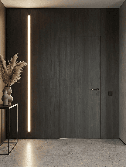 Modern room with a flush hidden door finished in the same color as the wall