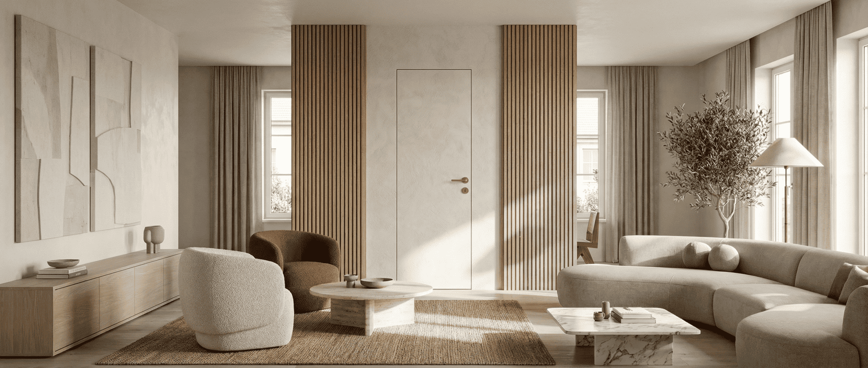 Frameless hidden door flush with wall in a modern minimalist interior
