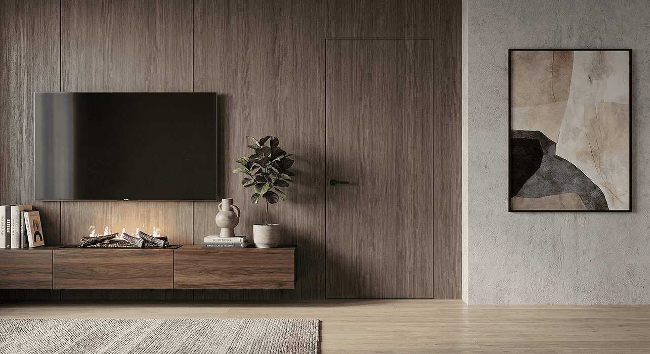 Spa-style bathroom with a hidden door integrated into textured wall panels