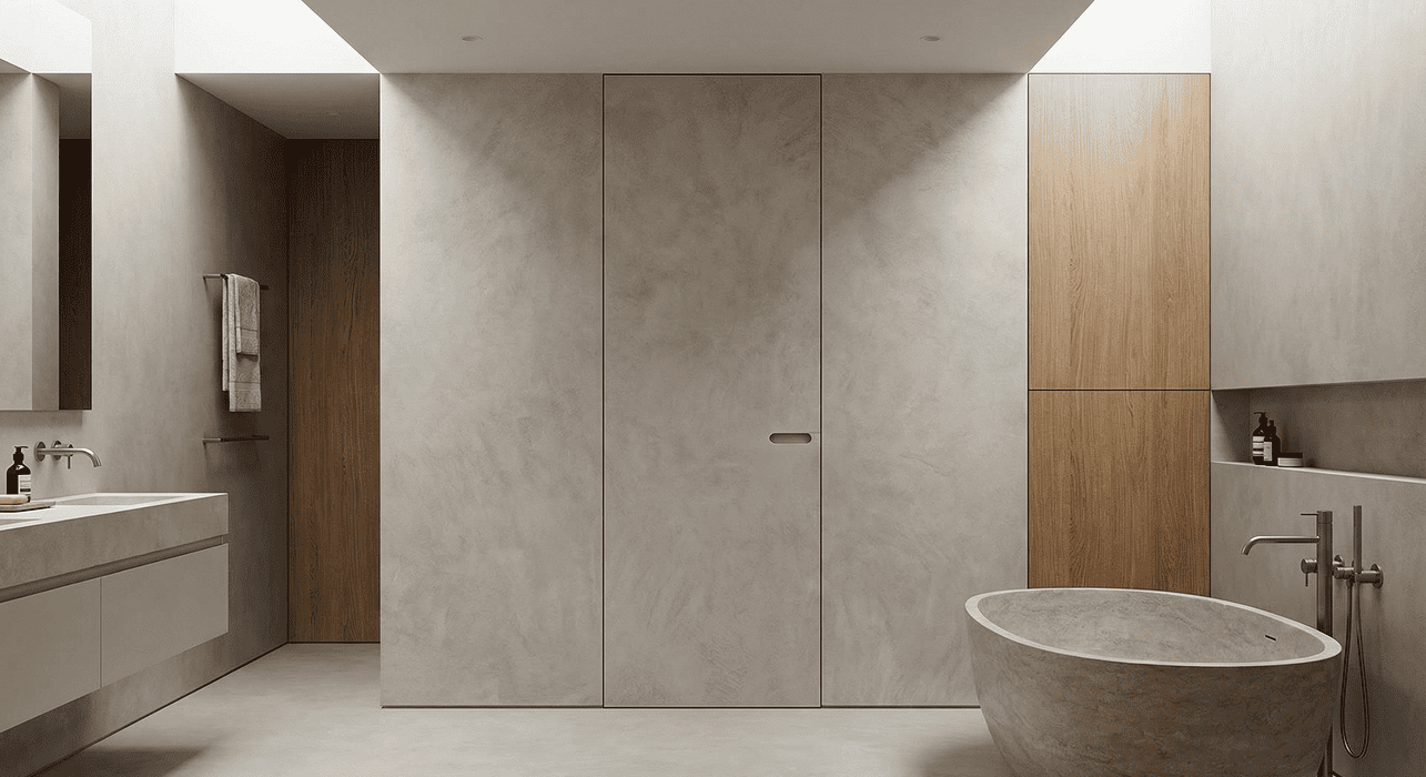 Minimalist corridor featuring a concealed flush door and warm architectural lighting