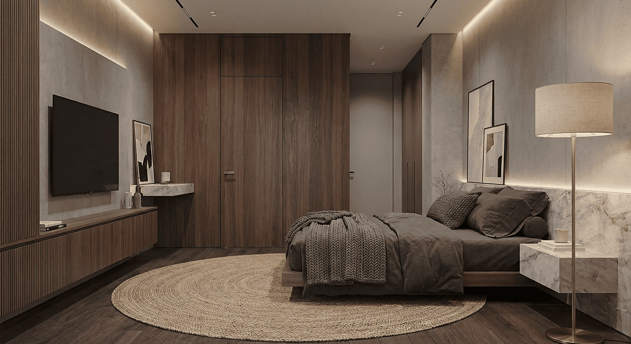 Modern bedroom interior with a frameless hidden door matching wall finish