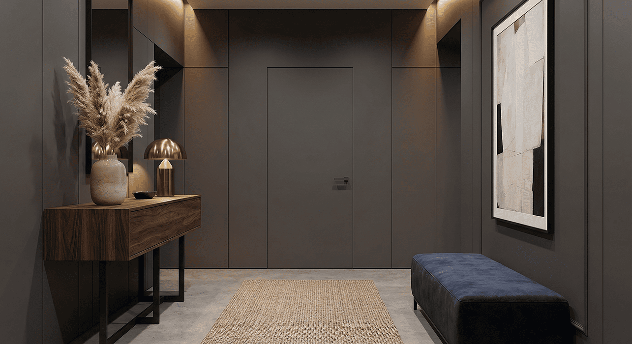 Contemporary living space where an invisible door preserves uninterrupted wall lines