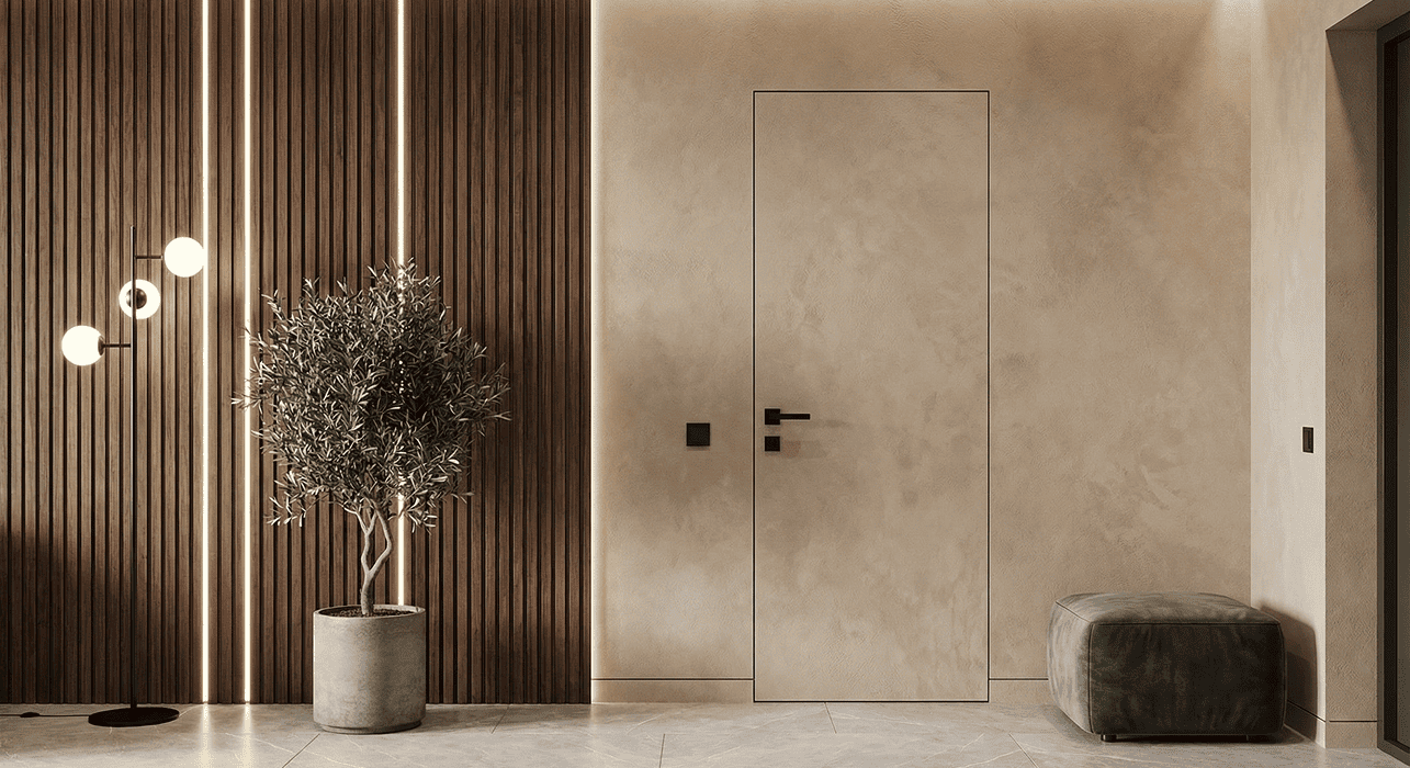 Custom hidden interior door integrated with decorative wall slats in a modern home