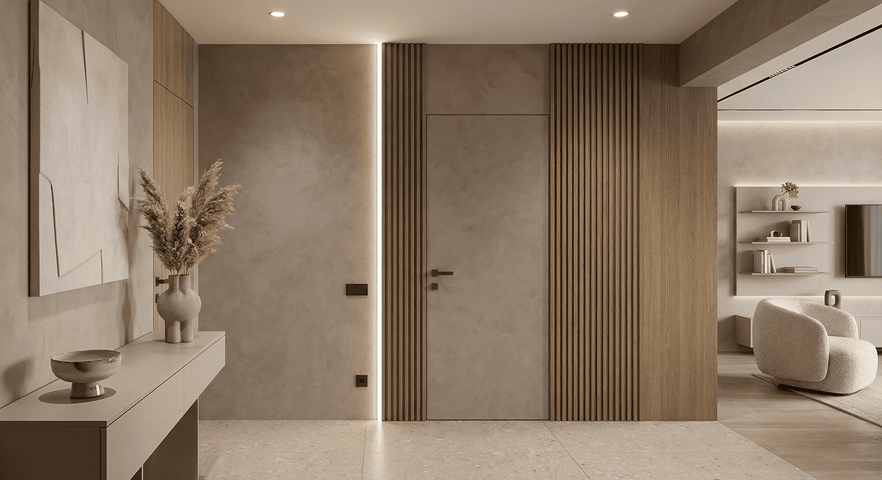 Architectural hallway with a floor-to-ceiling hidden door and clean minimalist detailing
