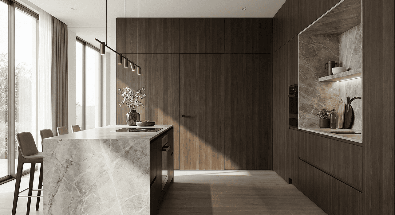 Elegant interior concept showing a concealed doorway blending into matte wall finish