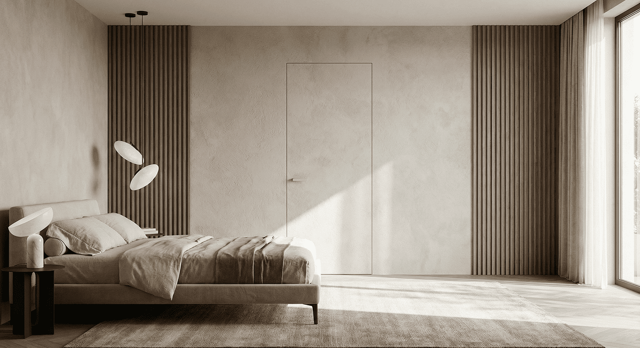 Premium minimalist room with an invisible flush door and seamless wall geometry