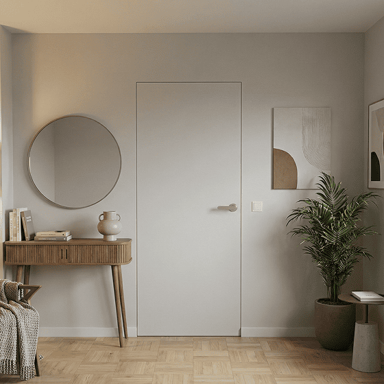 Close-up view of hidden door leaf alignment and precision wall finishing