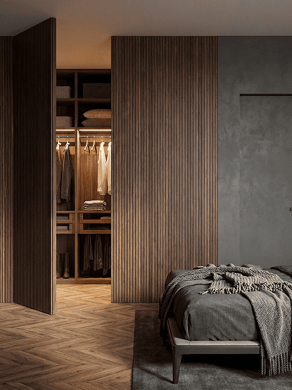 Built-in closet storage area hidden behind a flush concealed door