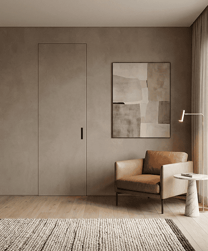 Living room design with a concealed interior door and clean wall lines