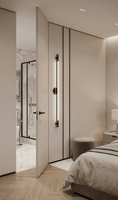 Contemporary interior space where a hidden door blends into the feature wall
