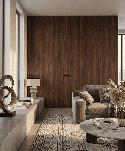 Flush hidden door finished level with the wall in a minimalist room
