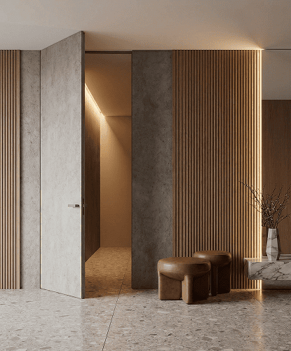 Frameless hidden door without casing in a modern architectural interior