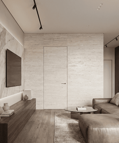Wall-finish hidden door covered with matching wall material for invisible effect